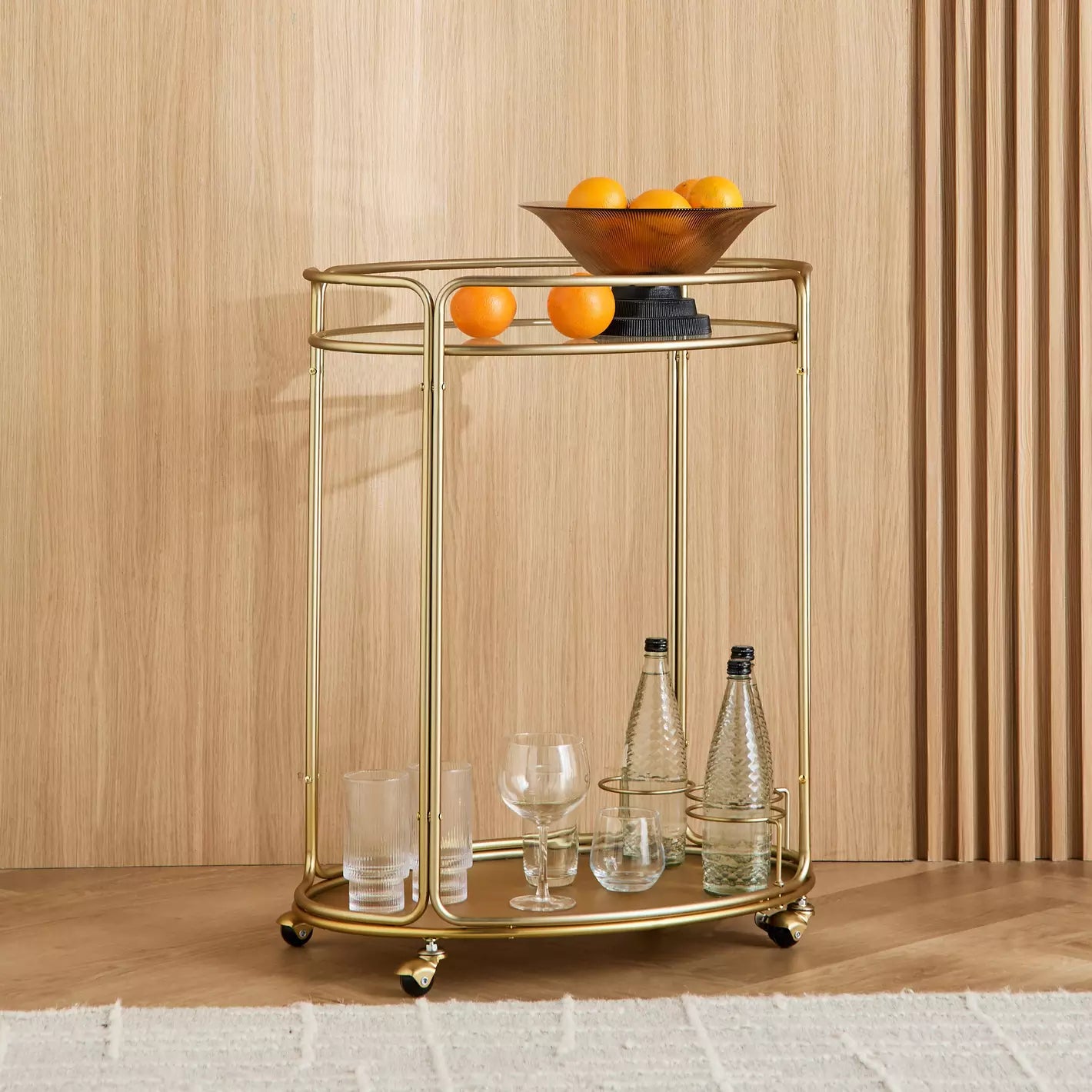 Luxuries Gold Round Bar Cart with Glass Shelves