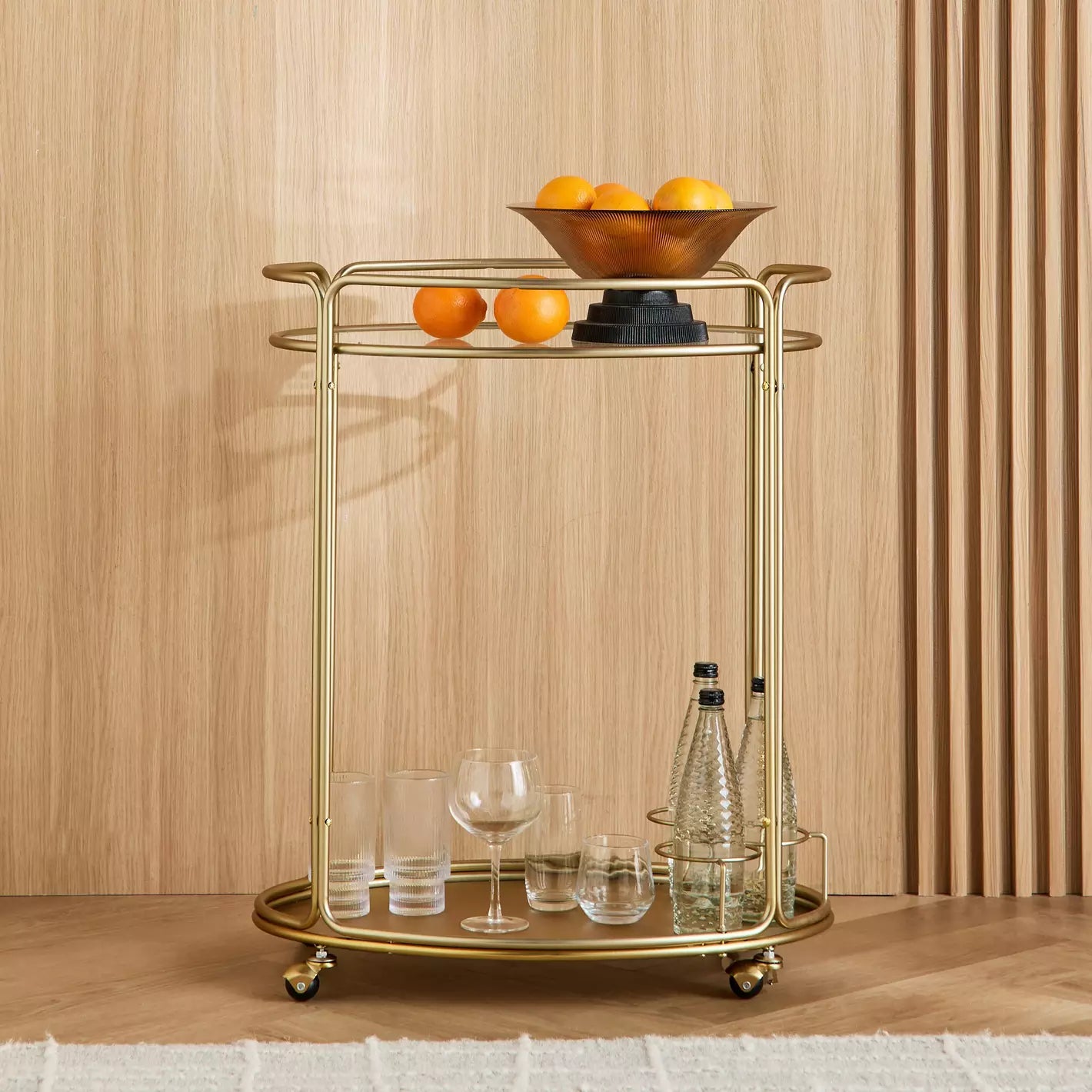 Luxuries Gold Round Bar Cart with Glass Shelves
