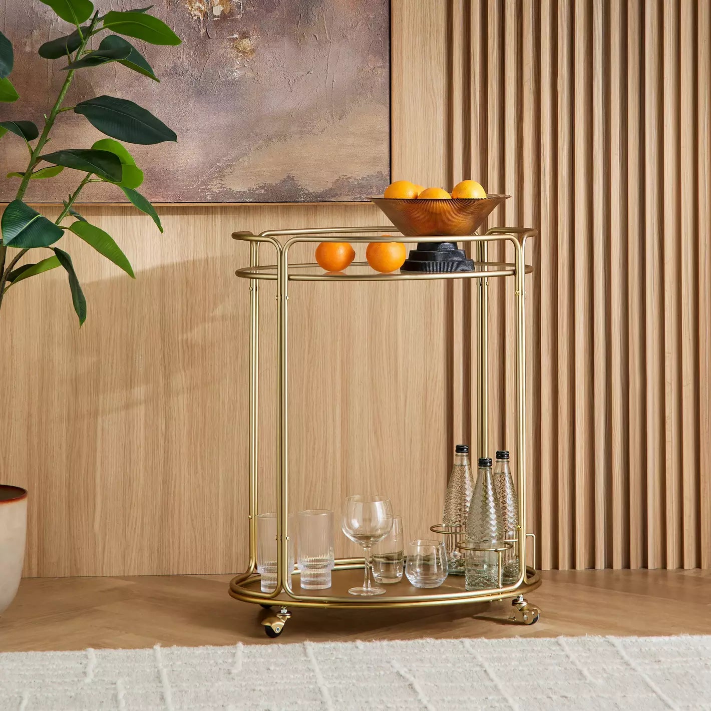 Luxuries Gold Round Bar Cart with Glass Shelves