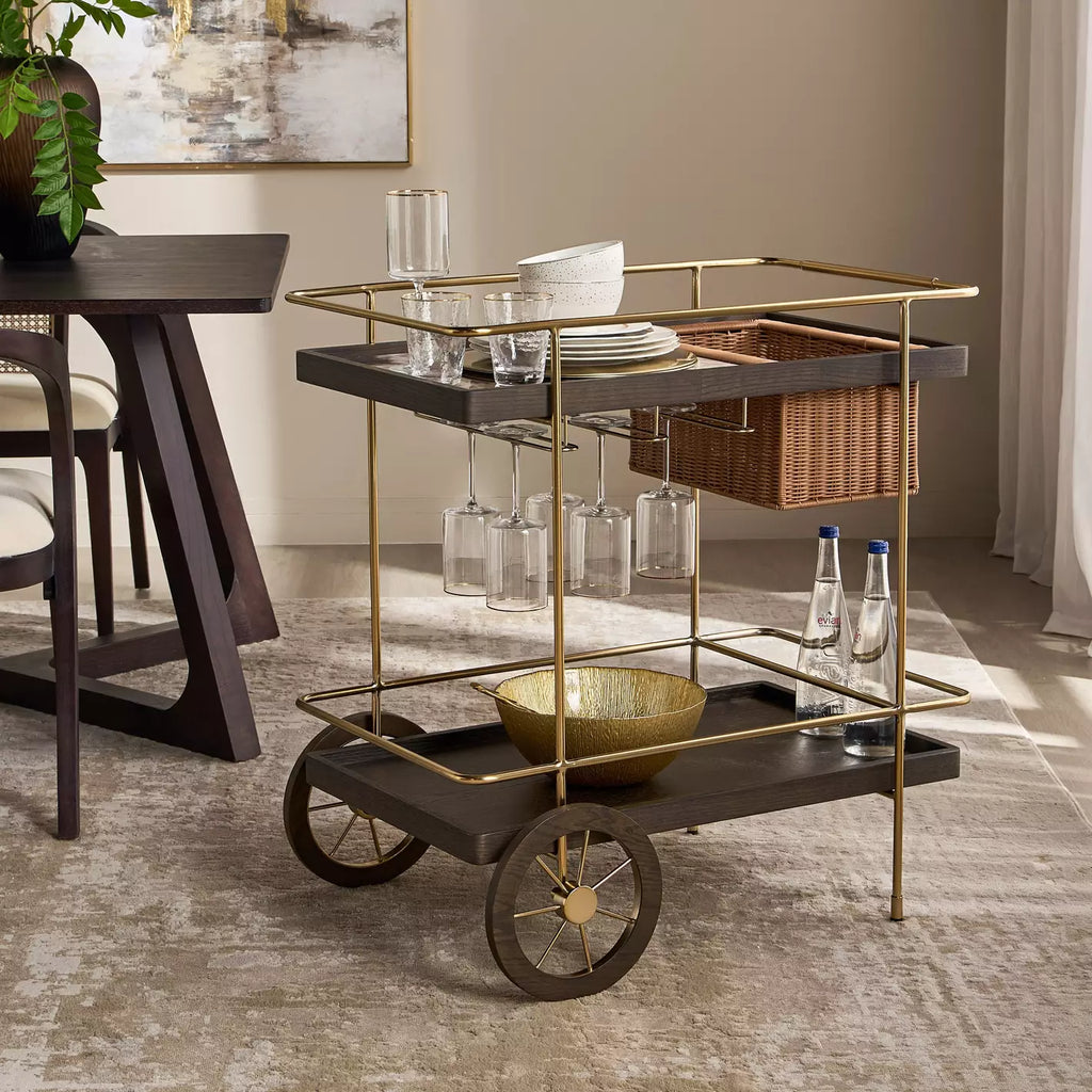 Luxuries Gold & Walnut Wood Bar Cart with Wine Glass Rack
