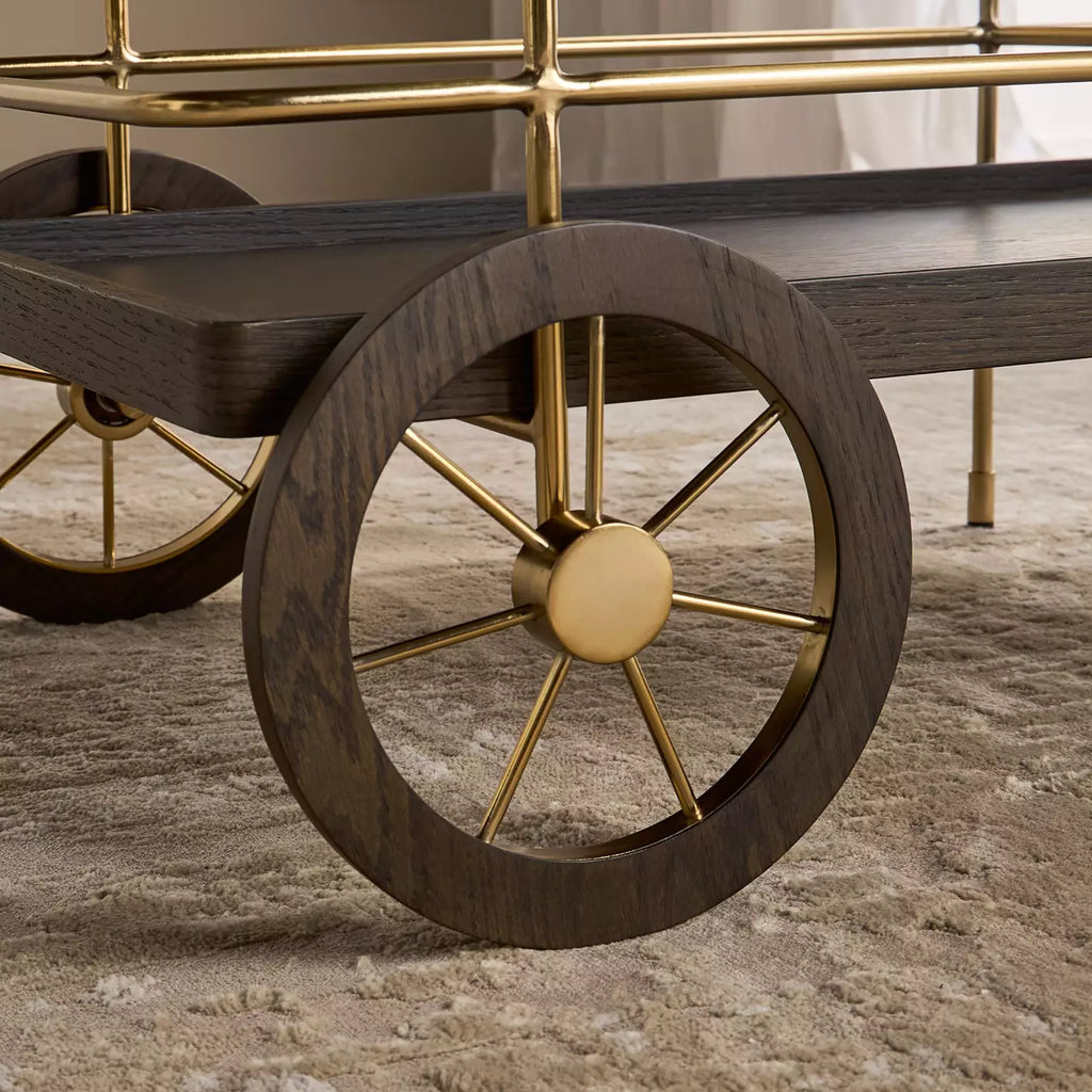 Luxuries Gold & Walnut Wood Bar Cart with Wine Glass Rack