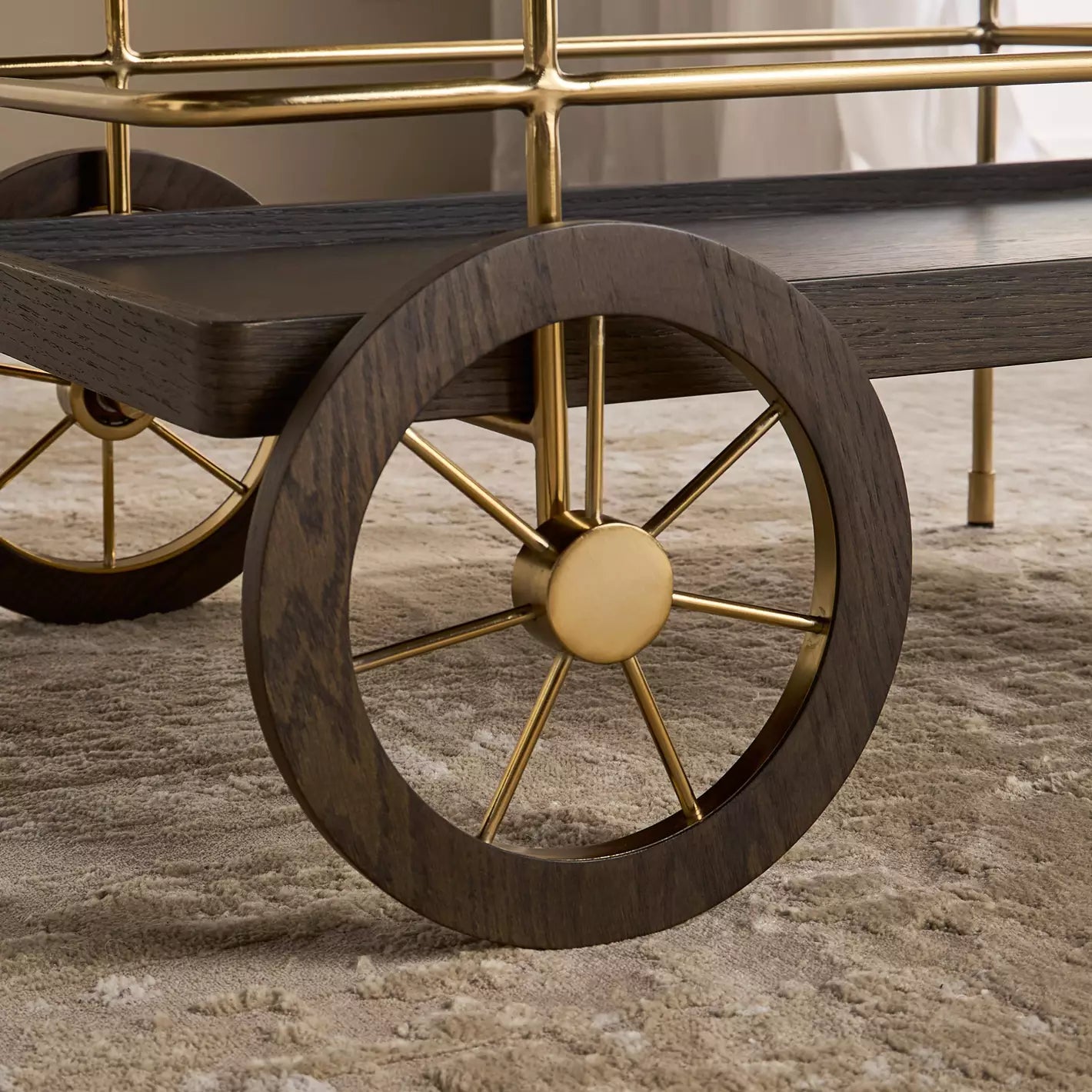 Luxuries Gold & Walnut Wood Bar Cart with Wine Glass Rack