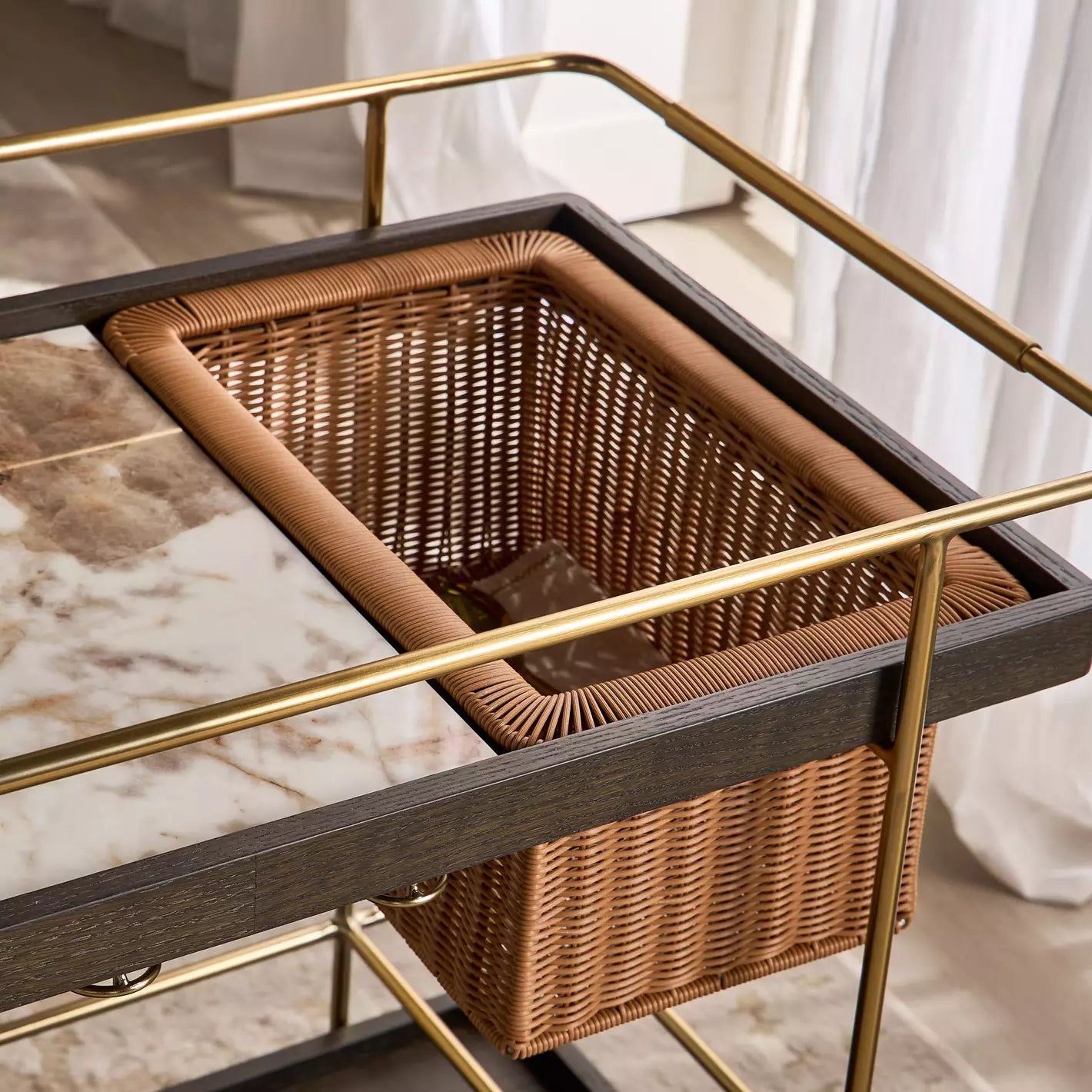 Luxuries Gold & Walnut Wood Bar Cart with Wine Glass Rack