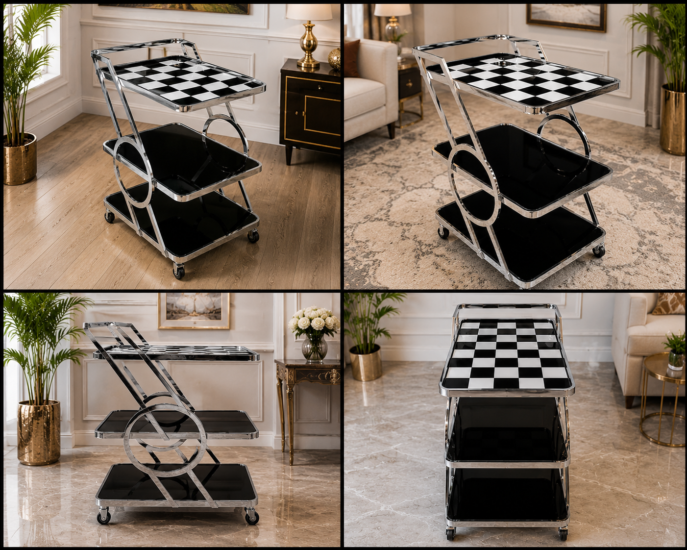 Luxuries Stainless Steel Serving Cart with Checkered Top