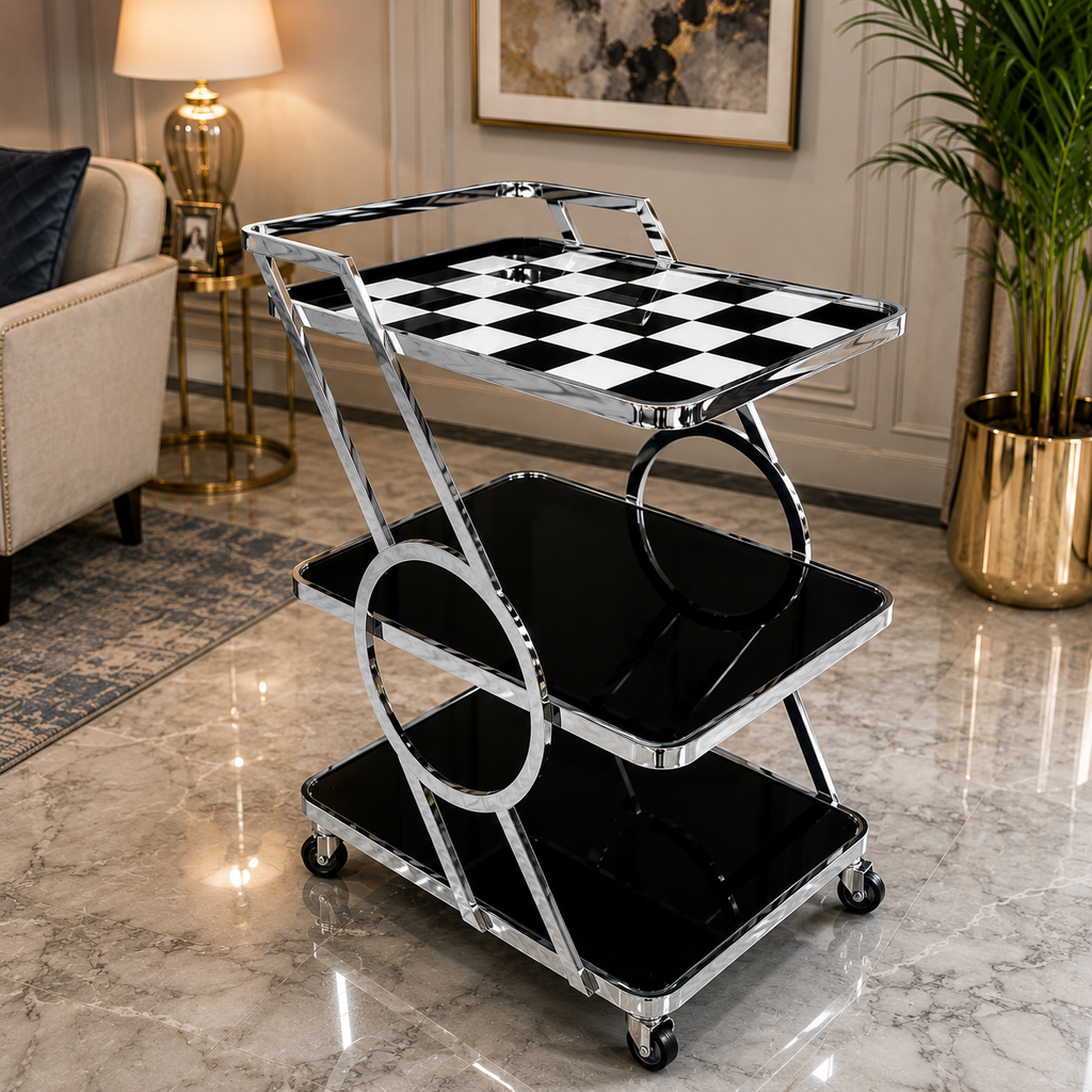 Luxuries Stainless Steel Serving Cart with Checkered Top