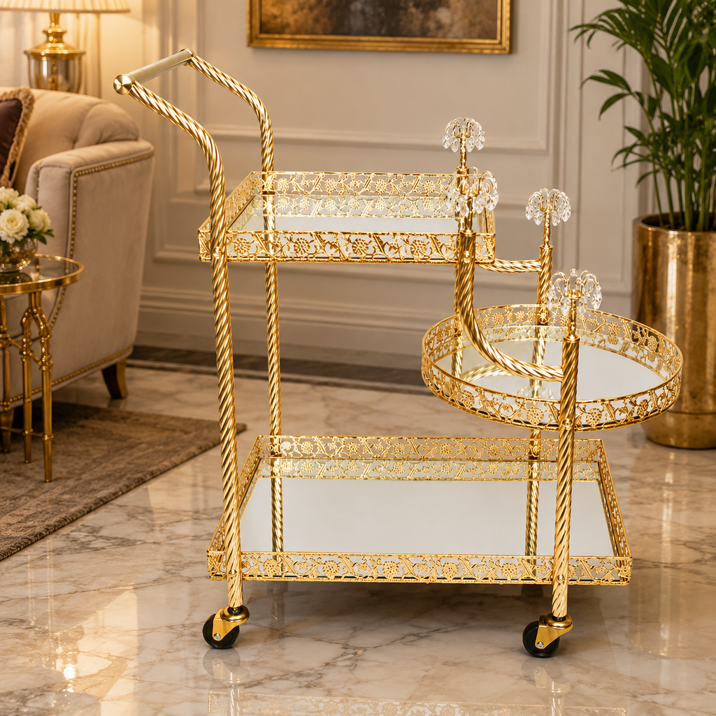 Luxuries Gold Mirrored Bar Cart with Crystal Wine Holder