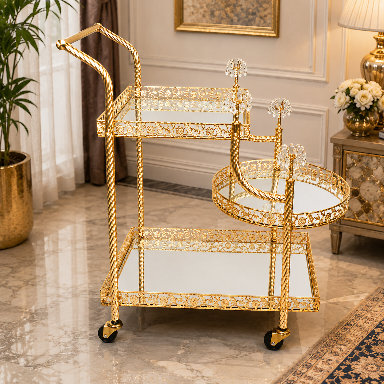 Luxuries Gold Mirrored Bar Cart with Crystal Wine Holder